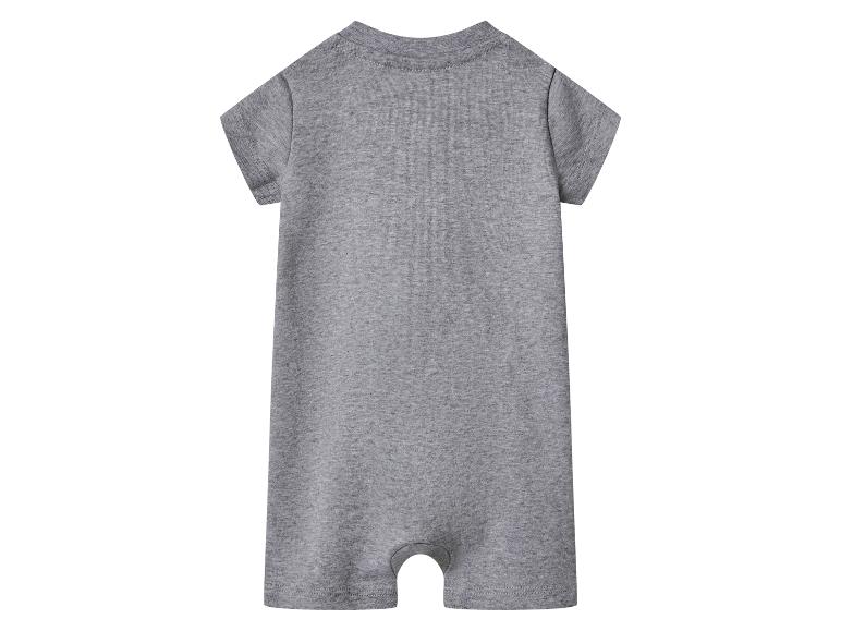 Grijze baby romper met korte mouwen, achteraanzicht.