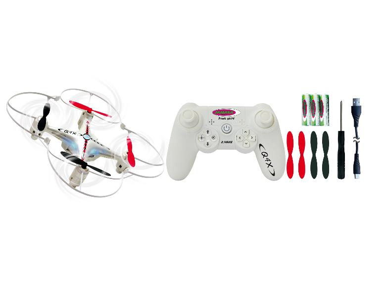 Witte Jamara Q4X drone met afstandsbediening, batterijen en accessoires.