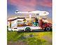 Speelgoedcamper met openend dak en zijwand, twee figuren en accessoires.