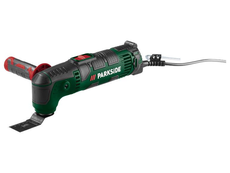 PARKSIDE oscillerende multitool met een zwart en groen lichaam en een rood handvat