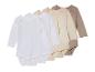 Baby's longsleeve rompers, wit, beige en taupe.