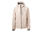 Lichtbeige heren ski-jas met capuchon en zwarte ritsen.