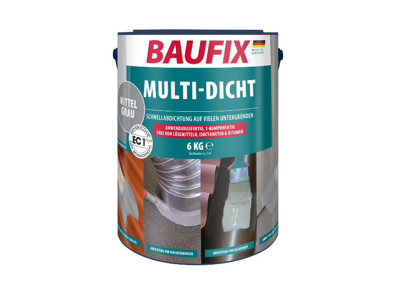 Baufix Multi-Dicht: grijze afdichtingskit voor diverse ondergronden.