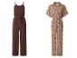 Twee damesjumpsuits: één bruin met spaghettibandjes, de andere bruin met patroon en korte mouwen.