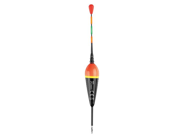 Visdobber met rode punt en oranje-zwart lichaam, met WEEE- en CE-markeringen.