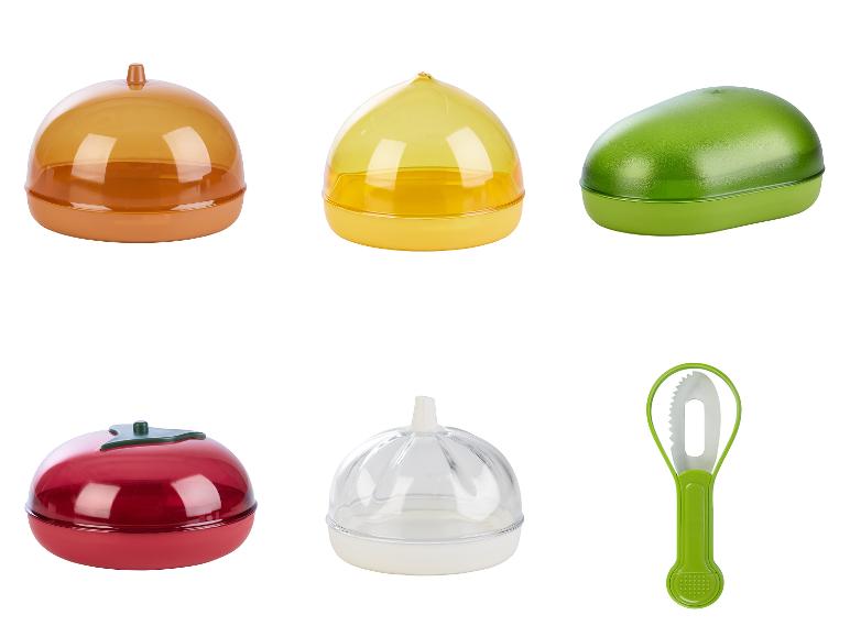 Set plastic bakjes voor fruit en groenten met een schilmesje.