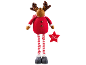 Een pluchen rendier, rood gekleed, met gestreepte poten en een „Merry Christmas”-ster.