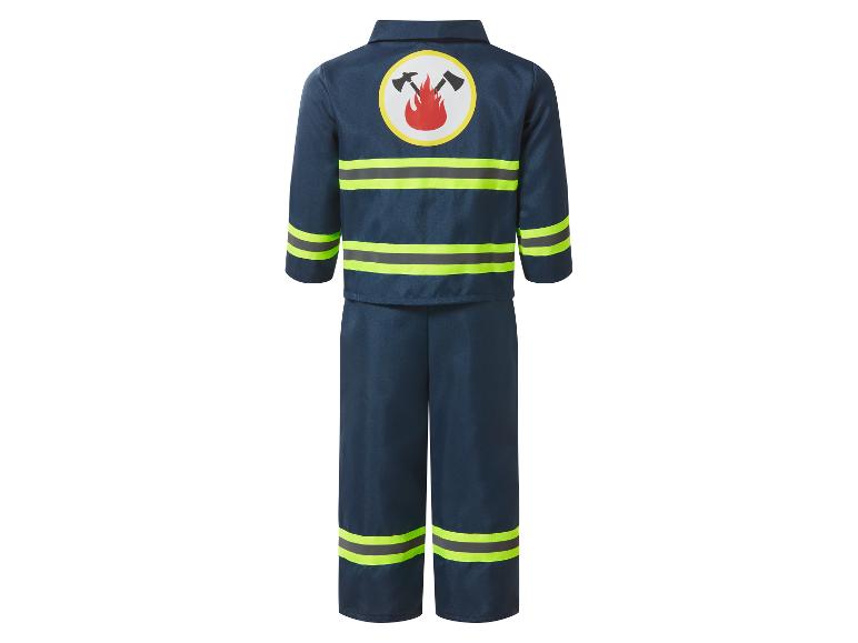 Kinderbrandweerkostuum met donkerblauwe jas en broek, reflecterende strepen en embleem