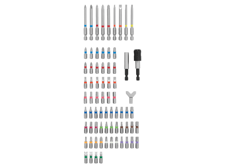 Een grote set schroevendraaierbits in diverse maten en typen, waaronder Phillips, platte, Torx en inbus.