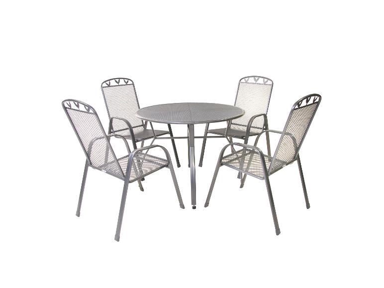 Tuinmeubelset met ronde tafel en vier metalen gaasstoelen.