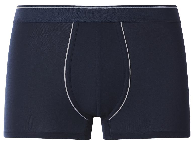 Donkerblauwe herenboxershort met witte bies en grijze tailleband.