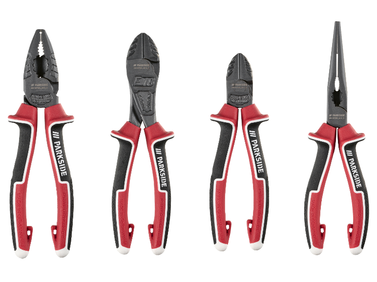 Vier soorten tangen: combinatietang, zijsnijtang, platbektang en punttang, allemaal met rood-zwarte handvatten.