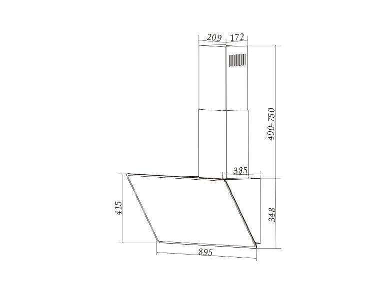 Technische tekening van een afzuigkap met afmetingen 895x415 mm en verstelbare hoogte 400-750 mm.