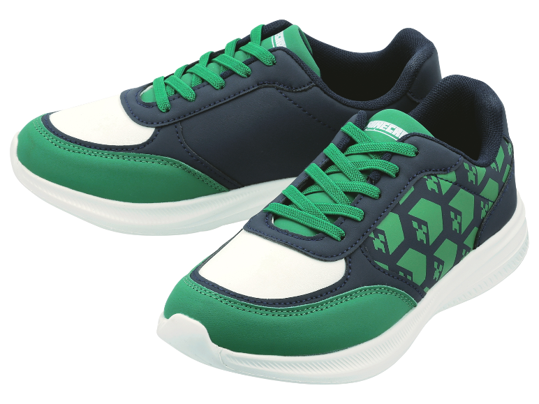 Minecraft sneakers voor kinderen, groen en donkerblauw.