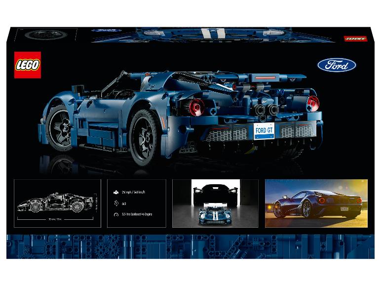 LEGO Ford GT doos met de geassembleerde auto en technische details.