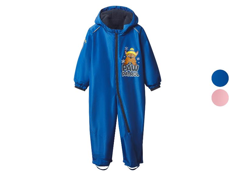 Blauwe Paw Patrol regenoverall met capuchon en rits, met twee kleurstaaltjes.