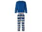 Een blauwe pyjama met lange mouwen en een kerstprint met het Lidl-logo.