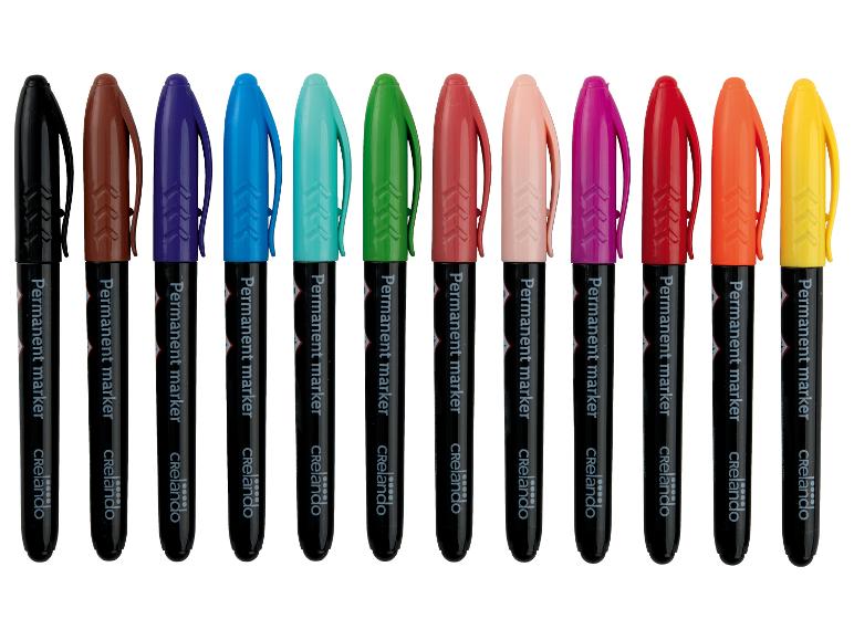 Twaalf permanent markers in diverse kleuren, met de tekst 'Permanent marker' en 'CRelando'.