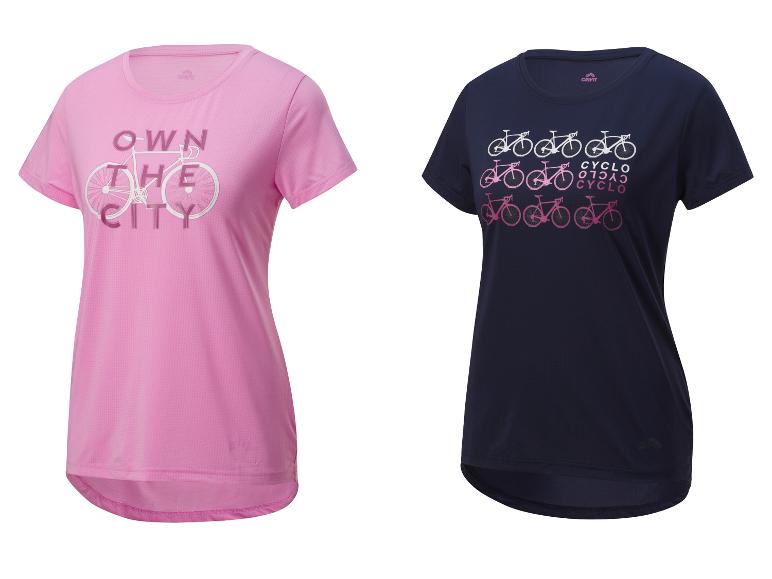 Crivit shirts: roze met fiets en tekst 'Own the City', donkerblauw met meerdere geprinte fietsen.