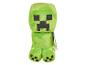 Groen pluche speelgoed in de vorm van een videogame Creeper, met zwarte vierkante ogen en mond.