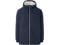 Donkerblauwe herenjas met capuchon en lichte teddy voering.