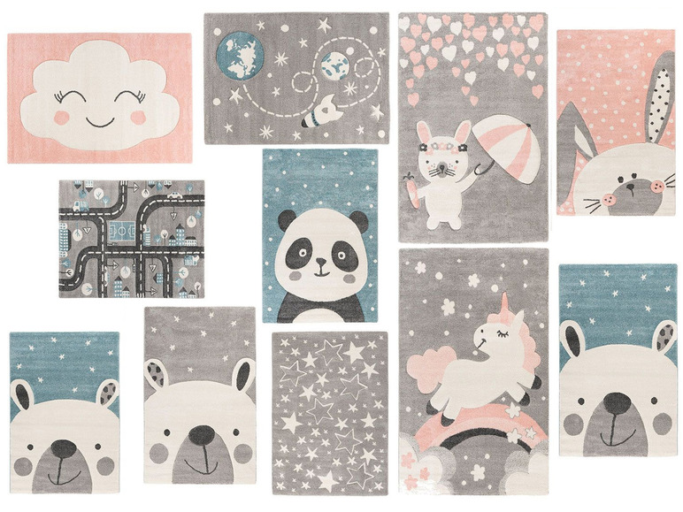 Kindertapijtjes met panda, eenhoorn en andere dierenmotieven.