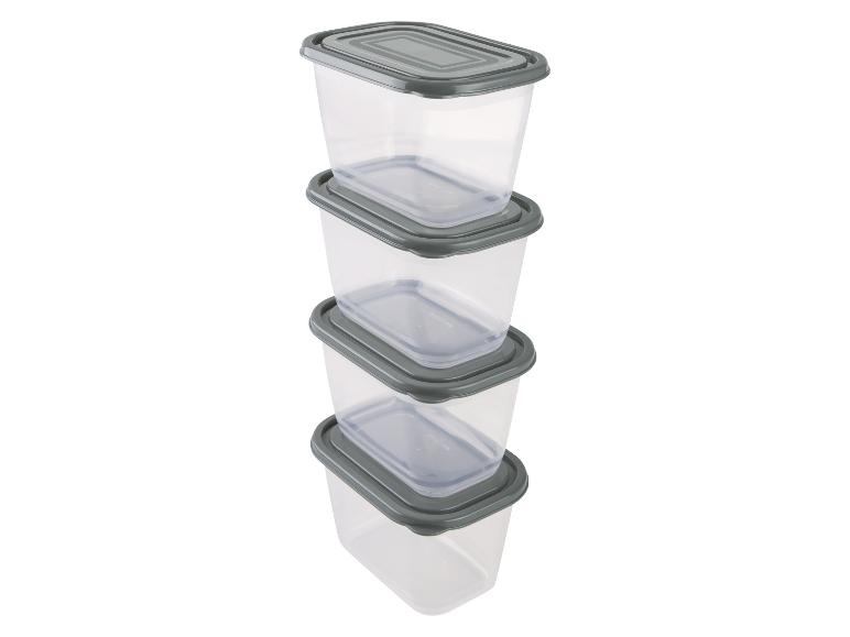 Stapelbare, transparante voedselcontainers met grijze deksels.