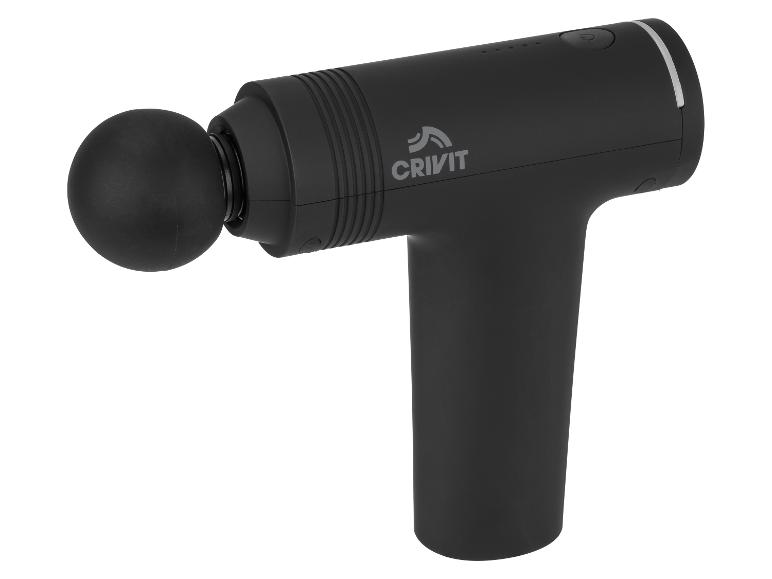 Zwart massagepistool met ronde kop, van opzij gezien.