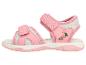 Roze kindersandalen met klittenbandsluiting en papegaaienprint.