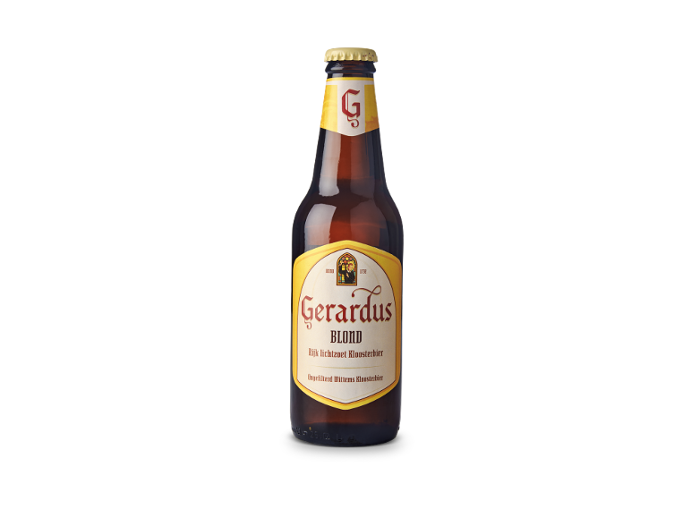 Een fles blond kloosterbier.
