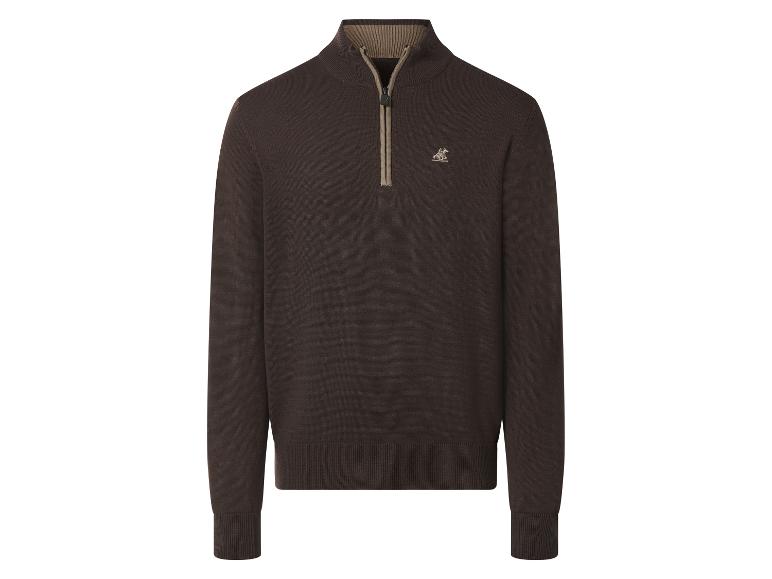 Donkerbruine gebreide trui met rits en hoge kraag