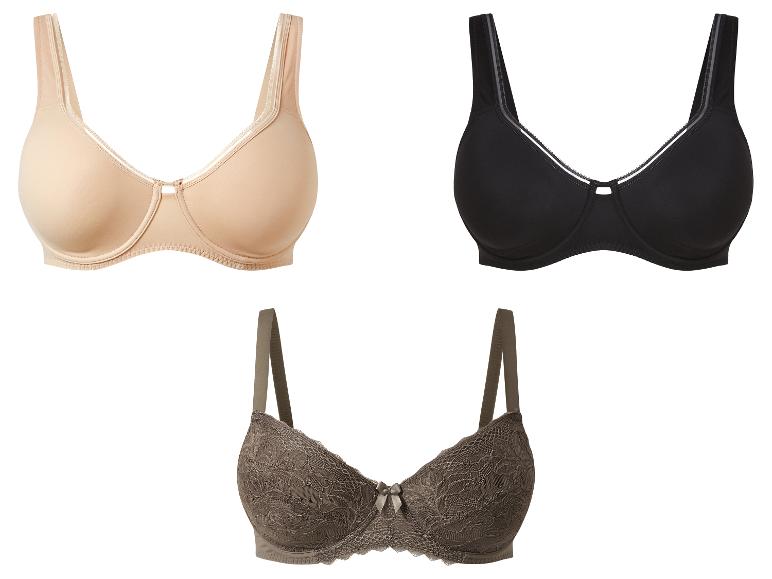 Drie bh's in beige, zwart en bruine kant.