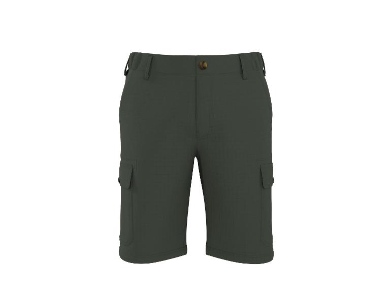 Donkergroene cargoshorts met zijzakken en een houten knoop.