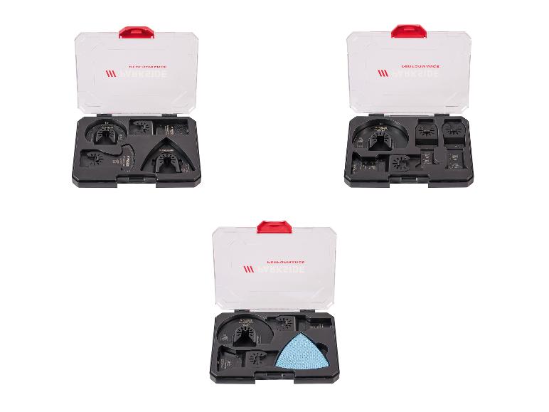 Drie Parkside oscillerende gereedschapsaccessoiresets in doorzichtige koffers.