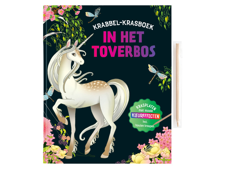 Krasplaatboek met eenhoorn in het toverbos, inclusief houten kraspen