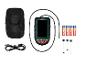 Inspectiecamera met scherm, USB-kabel, batterijen en accessoires.