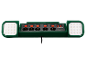 Groene stekkerdoos met vijf stopcontacten, vijf schakelaars, twee USB-poorten en twee LED-werklampen.