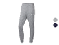 Grijze Puma joggingbroek met wit logo en kleurstalen in grijs en donkerblauw.