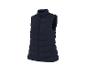 Donkerblauwe gewatteerde bodywarmer met hoge kraag en rits.