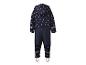Donkerblauwe kinderoverall met roze hartjes en reflecterende strepen.