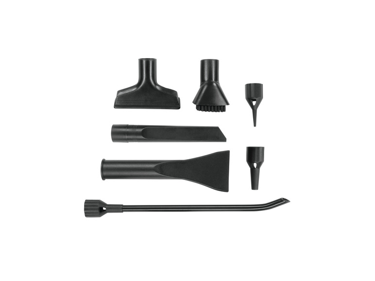 Zeven zwarte zuigmonden voor een stofzuiger.