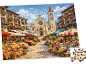 Puzzel met een illustratie van een levendige Italiaanse markt voor een kathedraal.