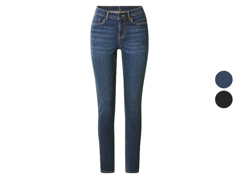 Blauwe damesjeans met twee kleuropties: donkerblauw en zwart.