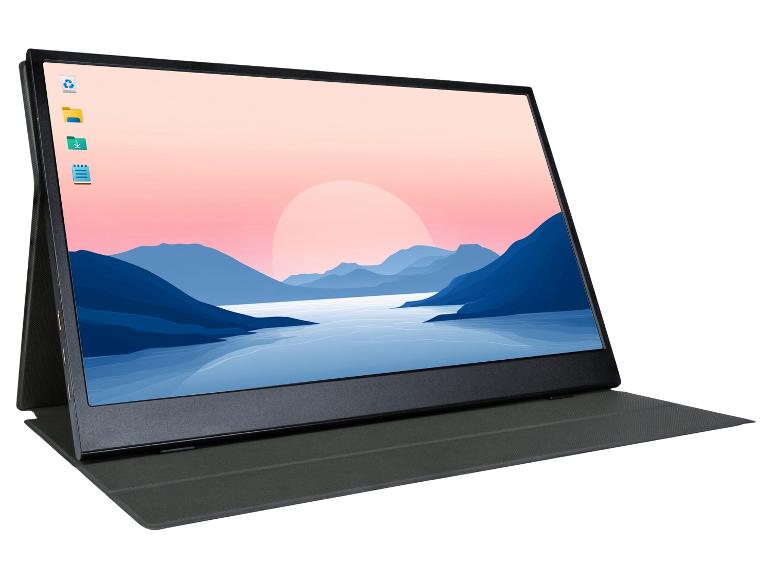 Draagbare monitor met breedbeeldscherm dat een minimalistische afbeelding toont.