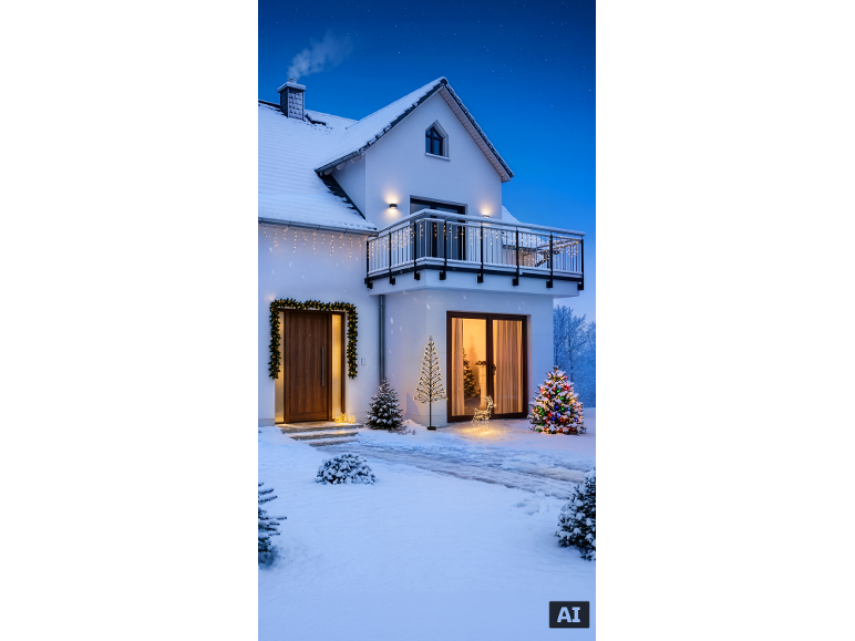 Huis in de winter met kerstverlichting, inclusief slingers, kerstbomen en een verlicht hert.
