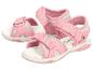 Roze kindersandalen met klittenbandsluiting en papegaaiendetail.