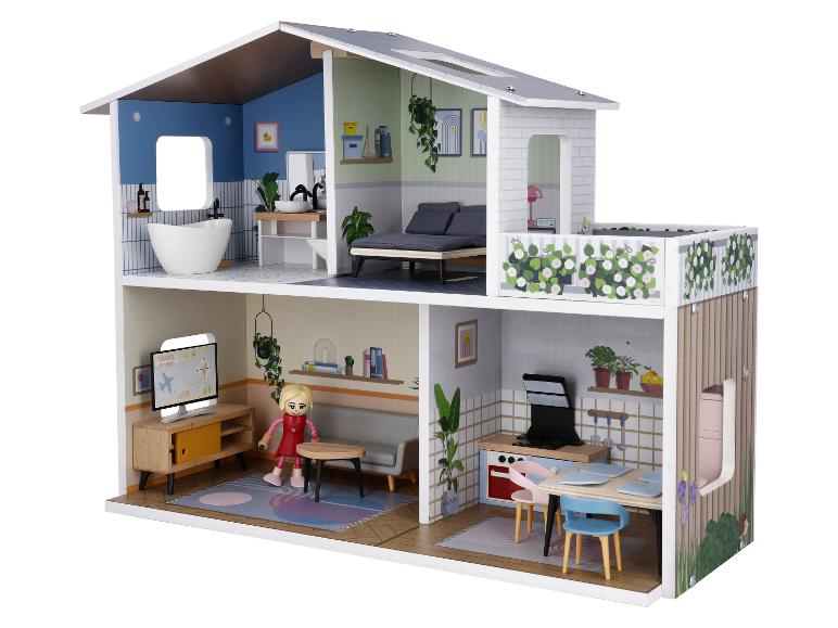 Twee verdiepingen tellend poppenhuis met vier gemeubileerde kamers en een pop.