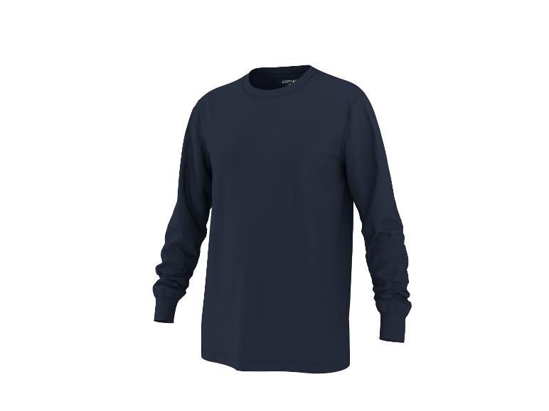 Donkerblauw T-shirt met lange mouwen en ronde hals, gepresenteerd op een witte achtergrond.