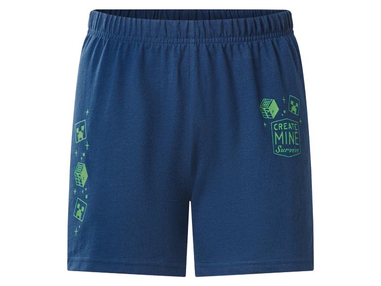 Donkerblauwe shorts met de tekst 'CREATE MINE Survive' en Minecraft-geïnspireerde symbolen.