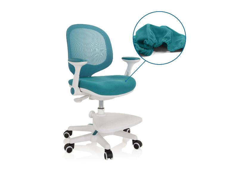 Turquoise ergonomische bureaustoel met mesh rugleuning en een close-up van de stof